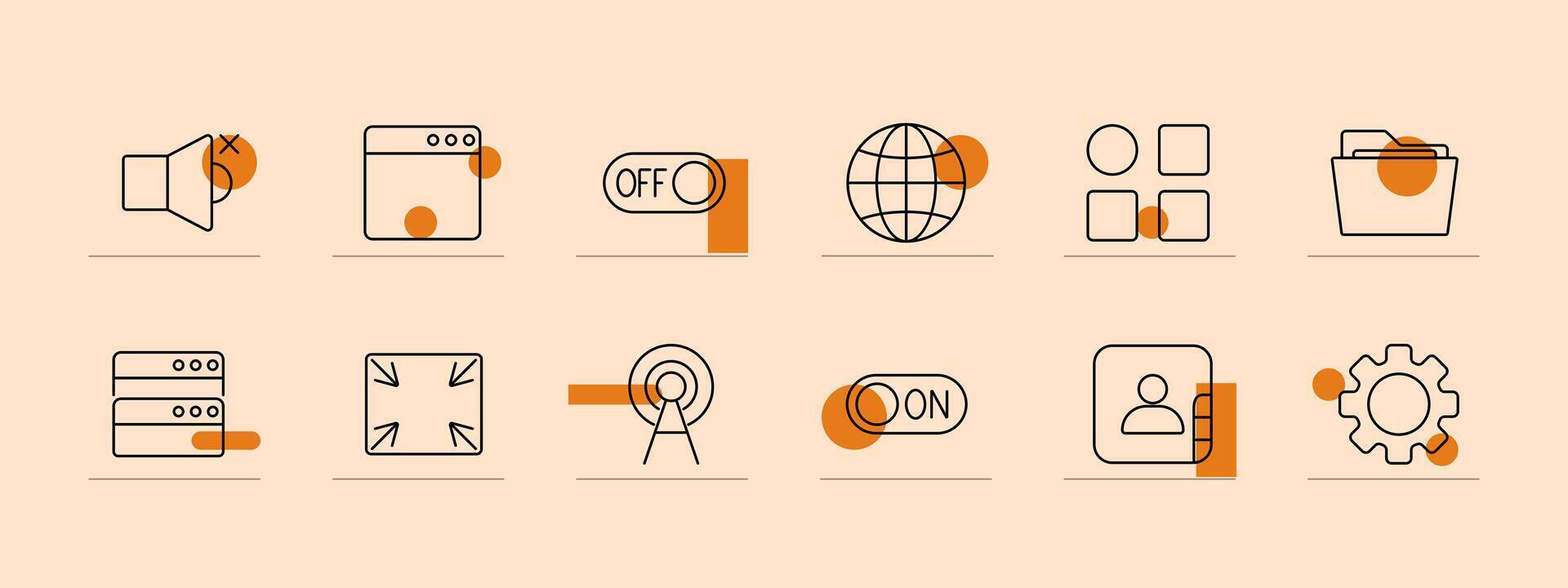 Network and technology line icons set. Antenna, on switch, off switch, globe, gear, interface, server, fullscreen, user, folder. Communication, IT, system concept vector