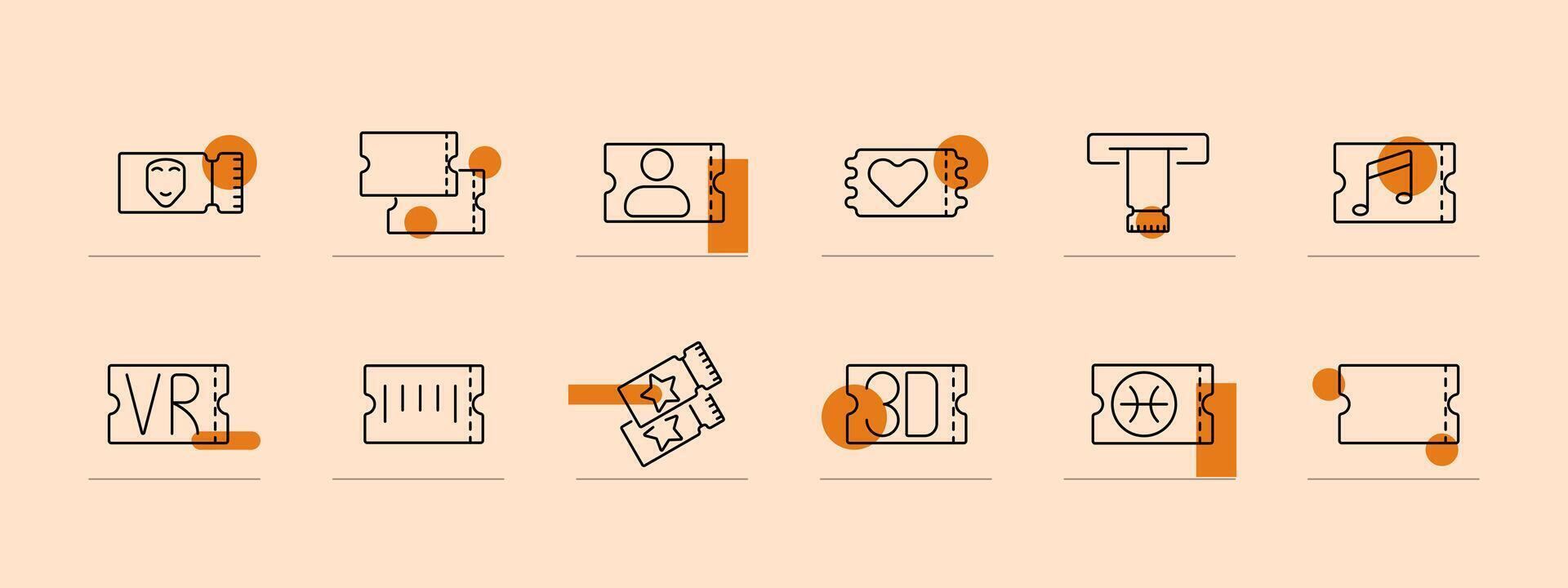 Ticket set icon. Theater, star, 3D, person, heart, turnstile, VR, barcode, basketball, music note. Admission, entertainment, event, entry concept vector