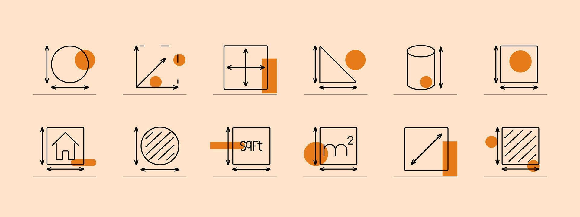 Geometry set icon. Square feet, square meters, circle, triangle, rectangle, dimension, measure, volume, area, length, width. Mathematical shapes, measurements concept. vector