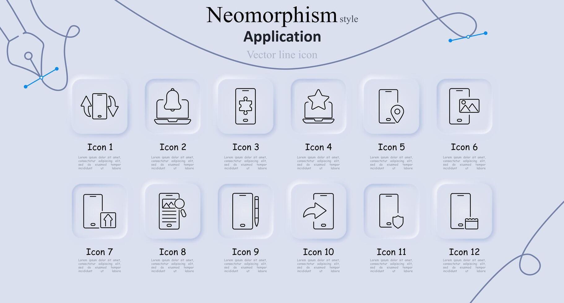 Application neomorphism style line icons set. Smartphone rotation, bell notification, puzzle, star rating, location, gallery, upload, search, notebook, share, shield, bookmark. Technology vector