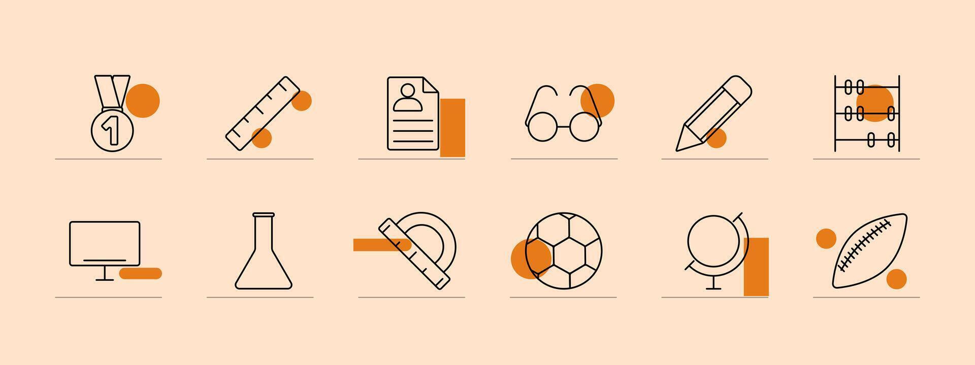 Study icon set. Medal, protractor, soccer ball, resume, glasses, pencil, ruler, computer, beaker, globe, football, abacus. Education, learning, academic concept. vector