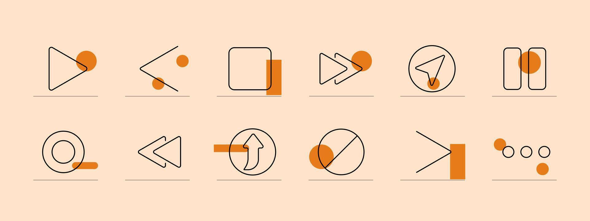 Player set icon. Play, pause, stop, fast forward, rewind, next, previous, arrow, record, menu, direction, navigation. Media controls, user interface, multimedia concept. vector