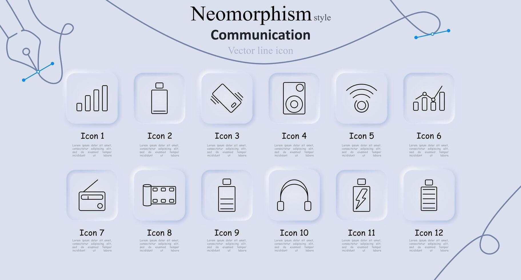 Communication neomorphism style line icons set. Signal bars, power bank, smartphone, speaker, Wi-Fi, statistics, radio, film reel, battery, headphones. Digital connectivity, media technology concept vector