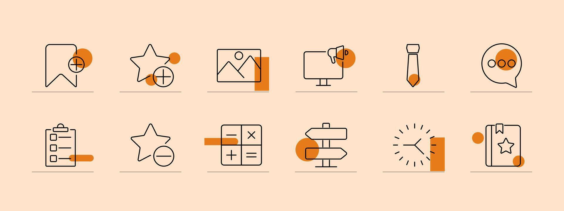 Application set icon. Calculator, bookmark, star, signpost, gallery, monitor, tie, checklist, rating, clock, chat, communication. Productivity, business tools, navigation, multimedia, task management vector
