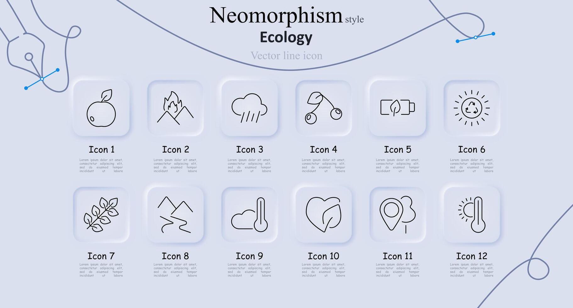 Ecology neomorphism style line icons set. Fruit, wildfire, rain, cherry, eco battery, recycling sun, leaves, mountains, thermometer, heart leaf, tree pin, temperature. Environmental conservation vector
