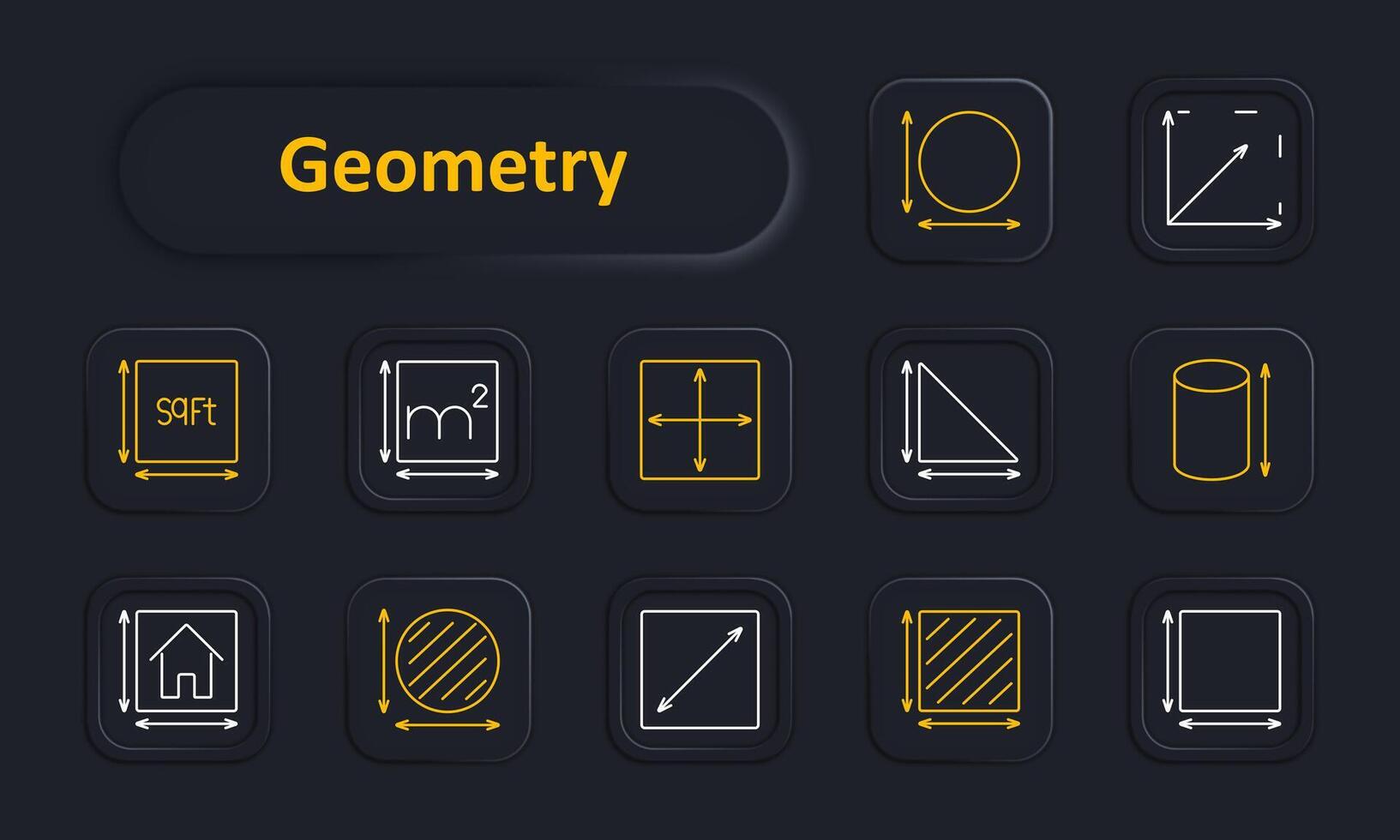 Geometry set icon. Square feet, square meters, circle, triangle, rectangle, dimension, measure, volume, area, length, width. Mathematical shapes, measurements concept. vector