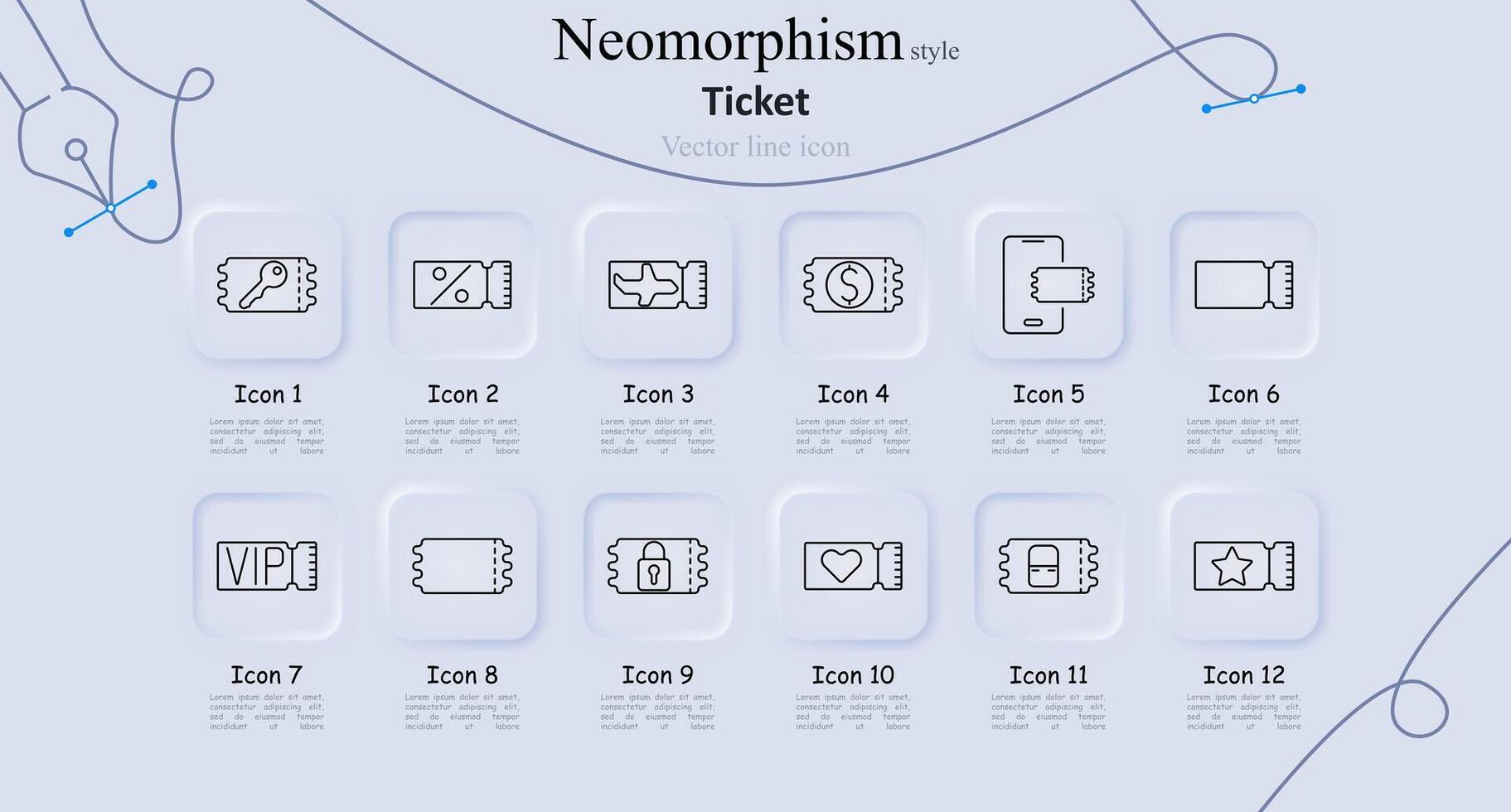 Ticket neomorphism style line icons set. Ticket with key, percentage, airplane, dollar sign, phone, blank, VIP, movie, lock, heart, star. Event admission, access pass concept vector