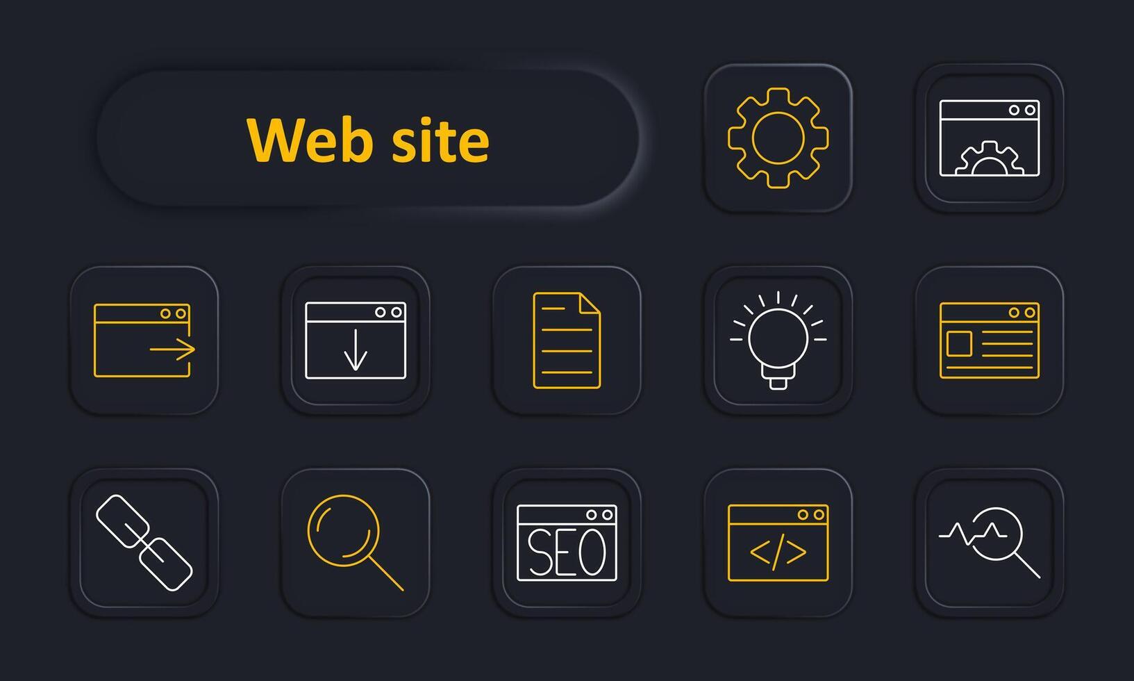 Website set icon. Webpage, download, document, lightbulb, browser window, link, magnifying glass, SEO, coding, analysis. Internet, web development, digital concept. vector