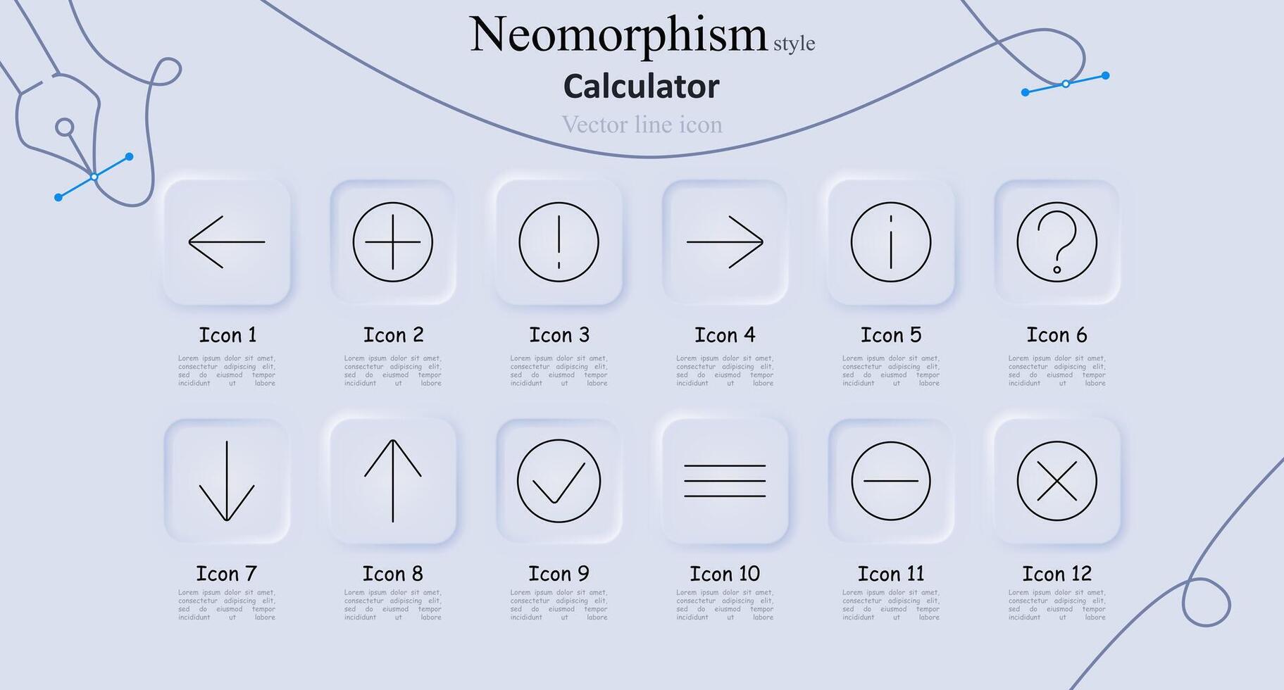 Calculator line icons set. Left arrow, plus symbol, exclamation mark, right arrow, information, question mark, up arrow, check mark, horizontal lines, multiplication symbol. Mathematical operations vector
