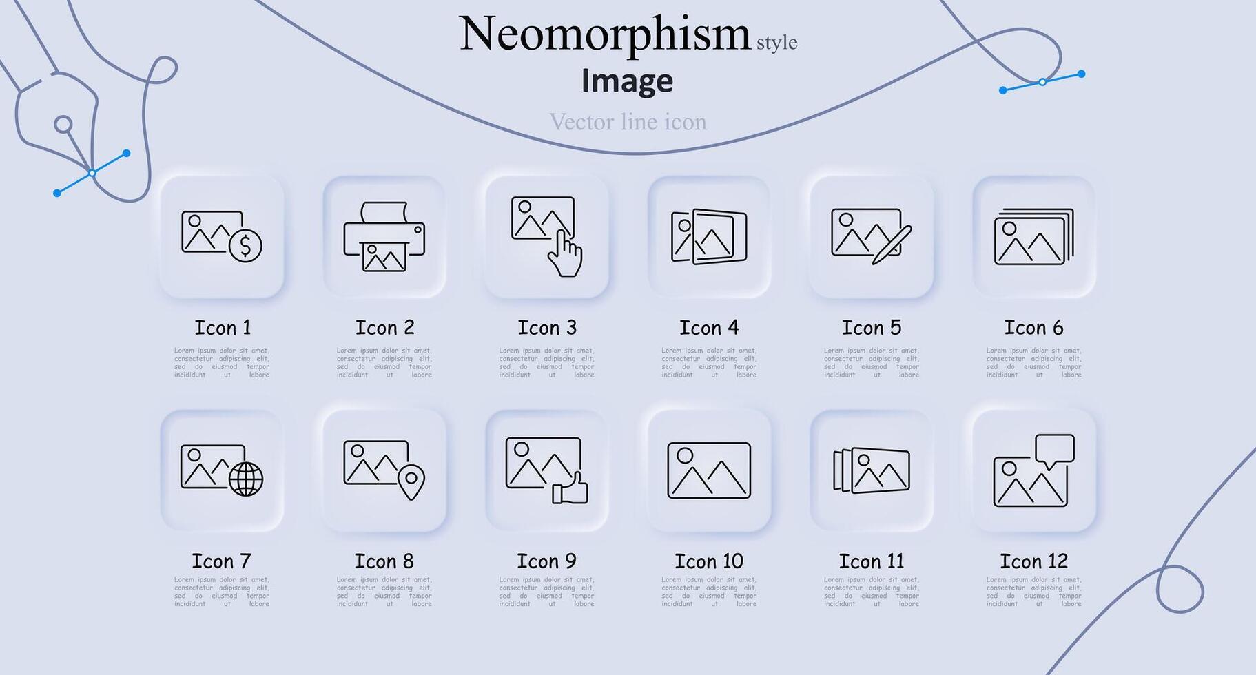 Image set icon. Picture with dollar sign, printer, image with cursor, photo stack, globe with picture, location pin on photo, thumbs up, photo frame, speech bubble with photo. Photography vector