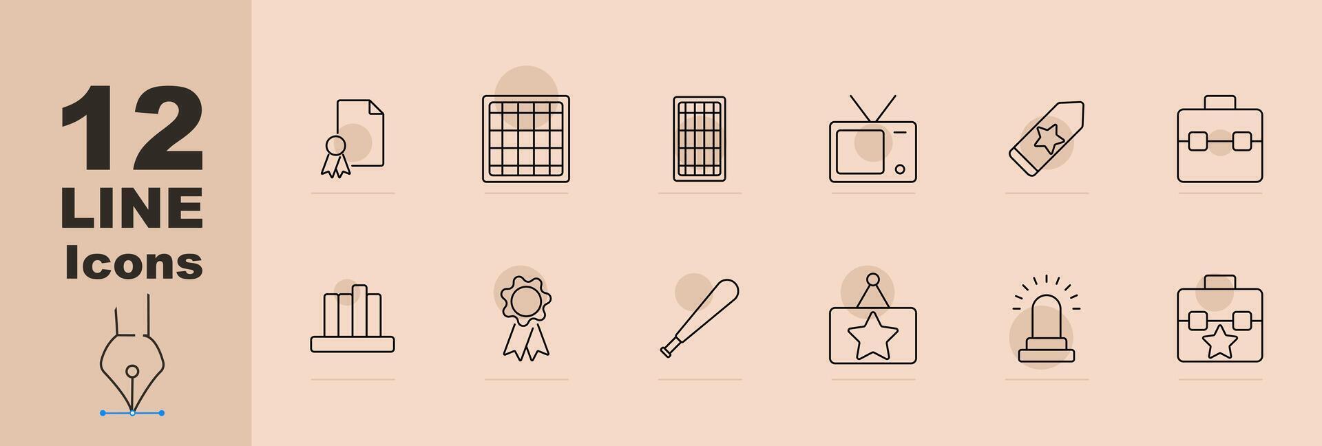 Mixed category set icon. Certificate, document, calendar, TV, ticket, briefcase, statistics, award, baseball bat, star rating, siren. line icon on beige background. vector