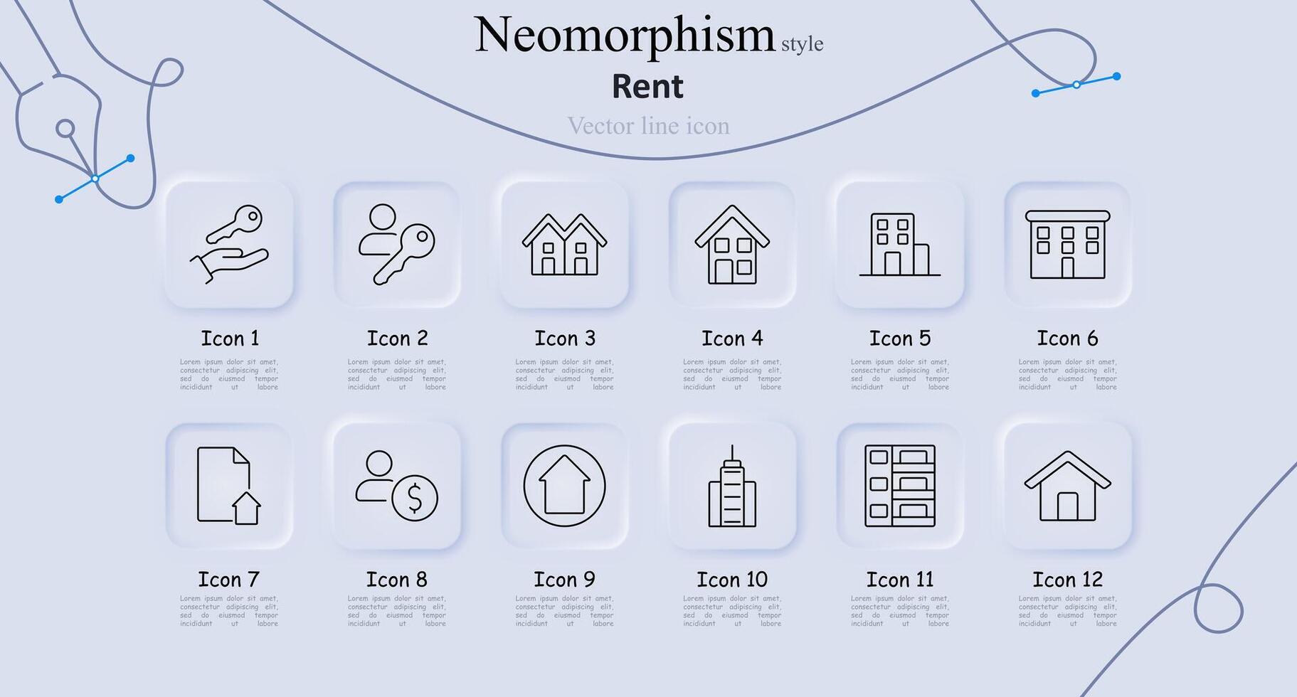 Rent set icon. Hand with key, key with person, house, apartment building, document with house, money, skyscraper, condo, high rise. Real estate, property management, and rental vector