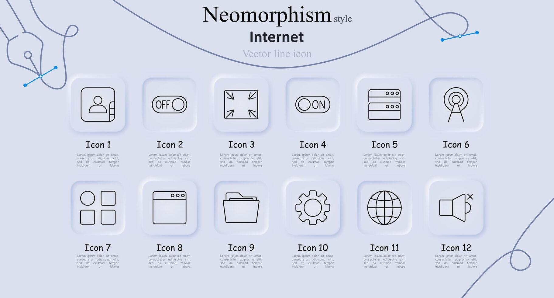 Internet set icon. User profile, toggle off, expand, toggle on, server, signal tower, apps, browser, folder, settings, globe, mute. Web, network, and connectivity concept vector