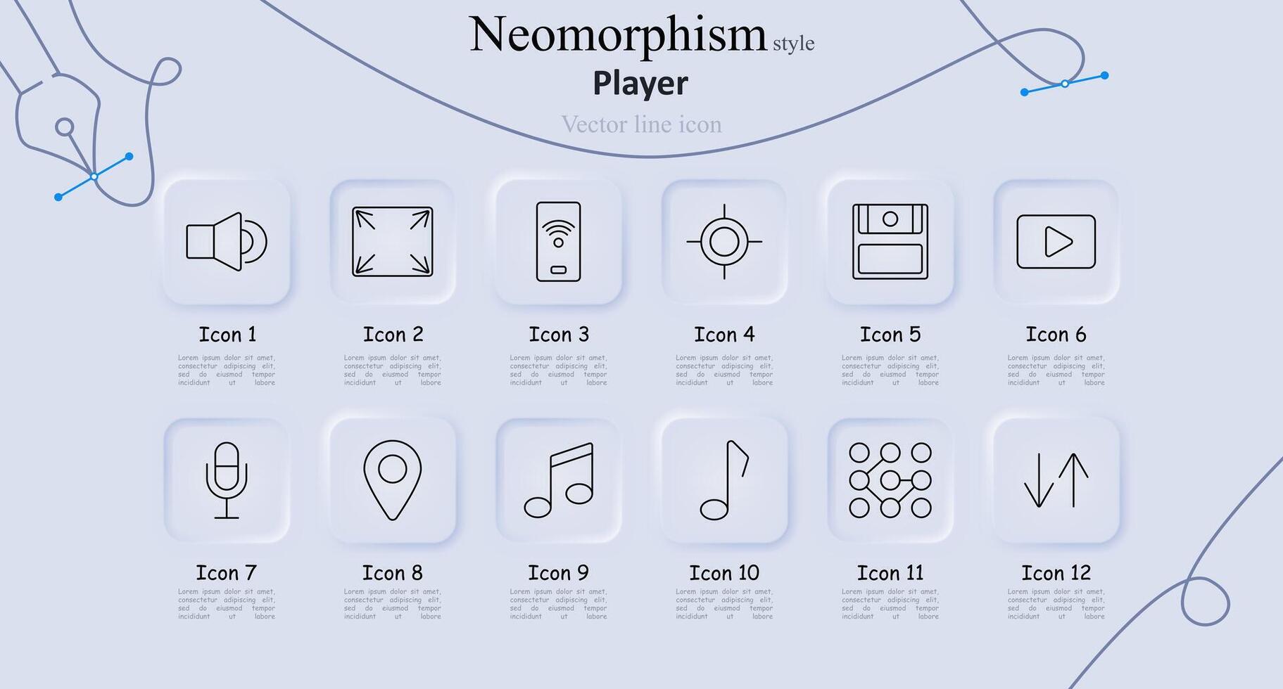 Player set icon. Speaker, fullscreen, mobile remote, crosshair, playlist, play button, microphone, location, music note, musical note, equalizer, arrows up down. Media player and audio control vector