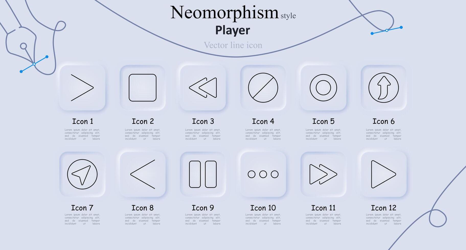 Player set icon. Play, stop, rewind, fast forward, pause, record, previous, next, repeat, shuffle, playlist, more options. Media control, audio, and playback concept vector