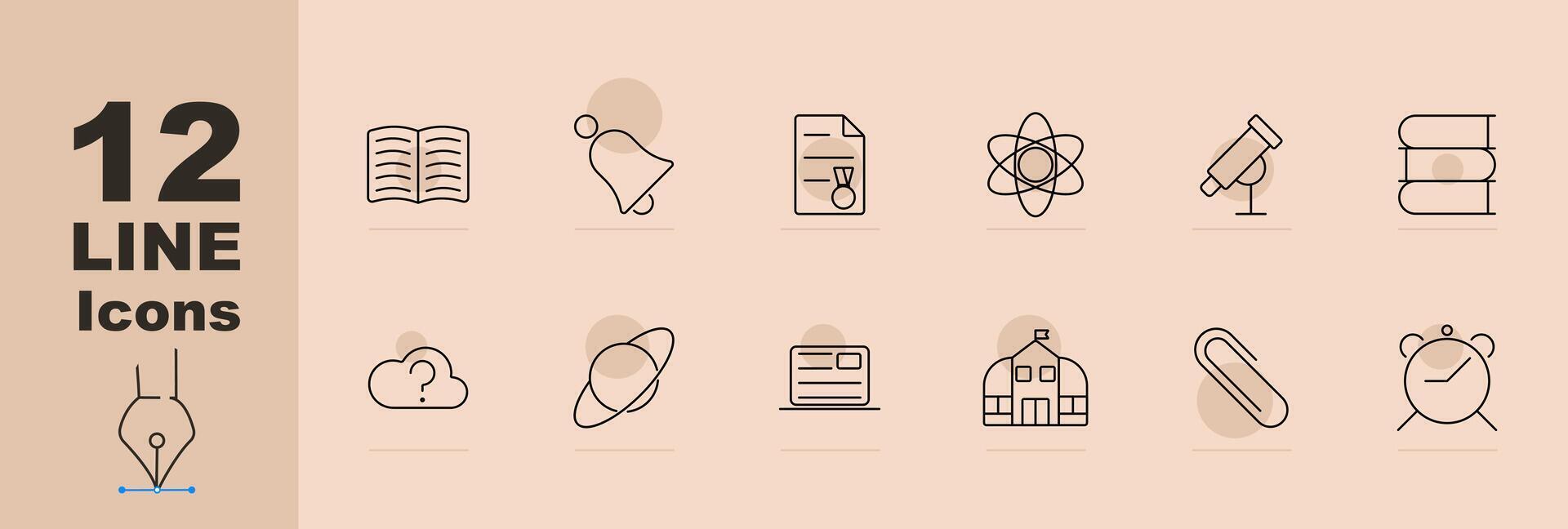 Education icons set including open book, graduate, certificate, atom, telescope, stack of books, question mark, planet, school building, alarm clock, paperclip, and bookmark vector