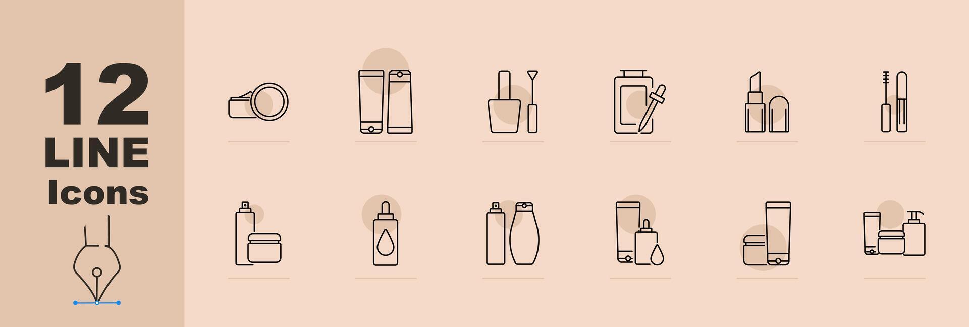 Cosmetic and skincare set icons including lotion bottle, cream jar, makeup brush, soap dispenser, perfume bottle, lipstick, and nail polish. line icons on a beige background vector