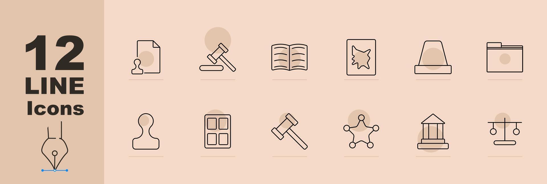 Legal and justice set icons including document, gavel, law book, sheriff badge, police light, courthouse, scales of justice, and legal stamp. line icons on a beige background vector