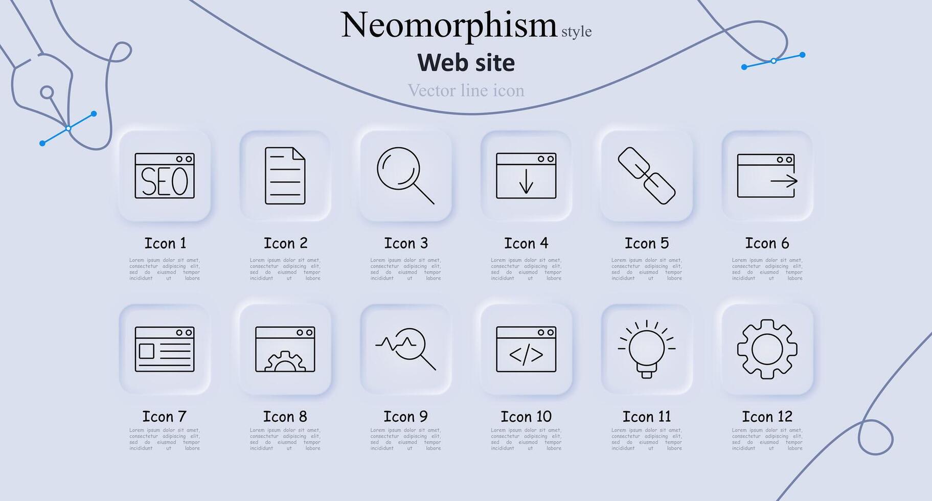 Website set icon. SEO, document, search, download, link, browser, website, analytics, code, lightbulb, settings, feedback. Web development, digital marketing, and online presence concept vector