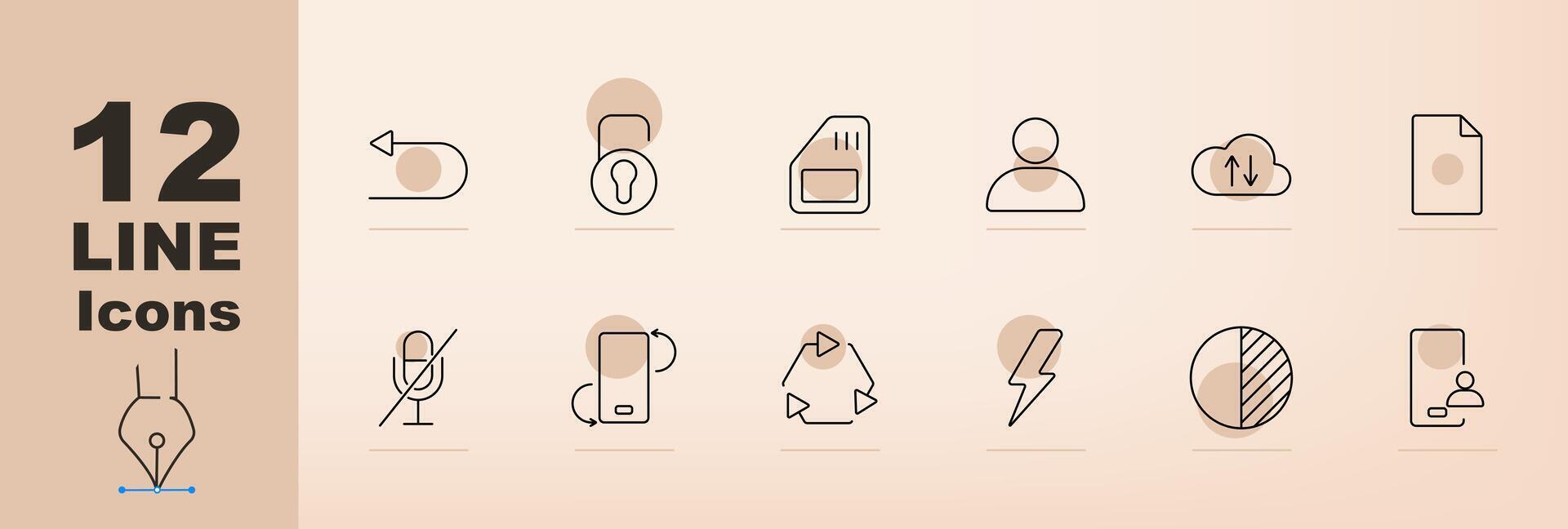 Communication and technology set icon. Microphone, phone, cloud, lock, person, document, upload, download, recycling, pie chart, lightning bolt. Communication vector