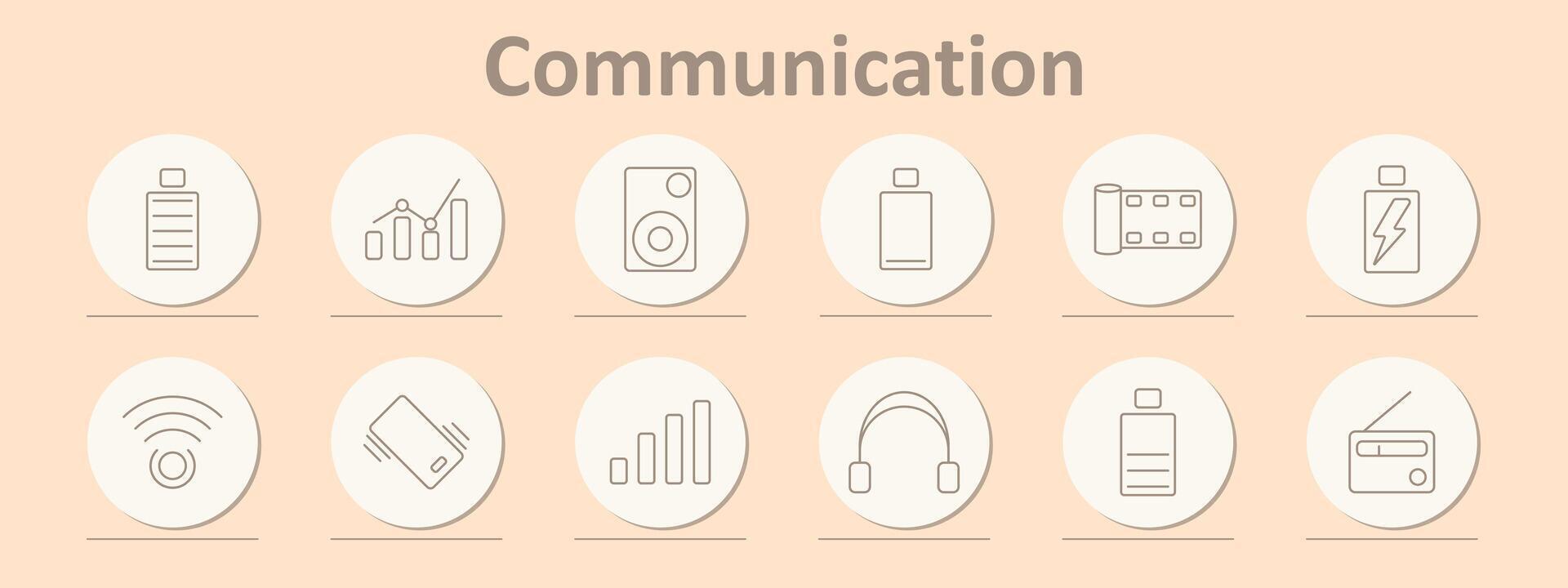 Communication set icon. Battery, chart, speaker, battery charge, film, signal, phone, WiFi, headphones, radio, mobile, reception. vector