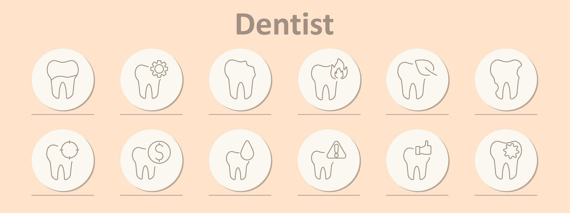 Dentist set icon. Tooth, gear, inflammation, broken, inspection, target, cost, drop, warning, treatment, cavity, health. vector