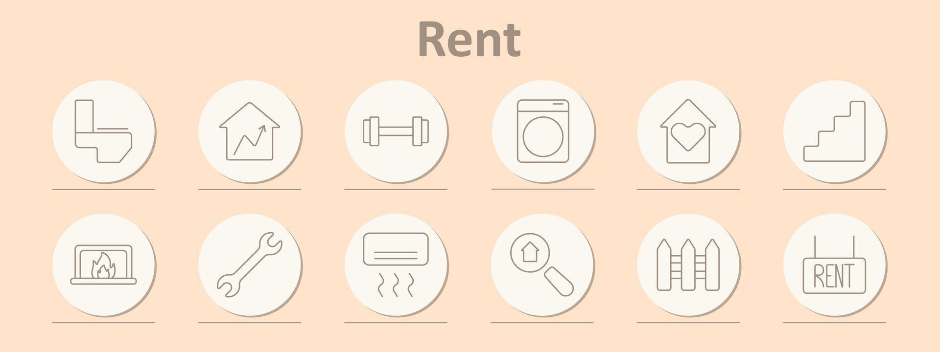 Rent set icon. Building, location, secure, property, shop, curtains, eco-friendly, magnifying glass, plug, home, house. vector