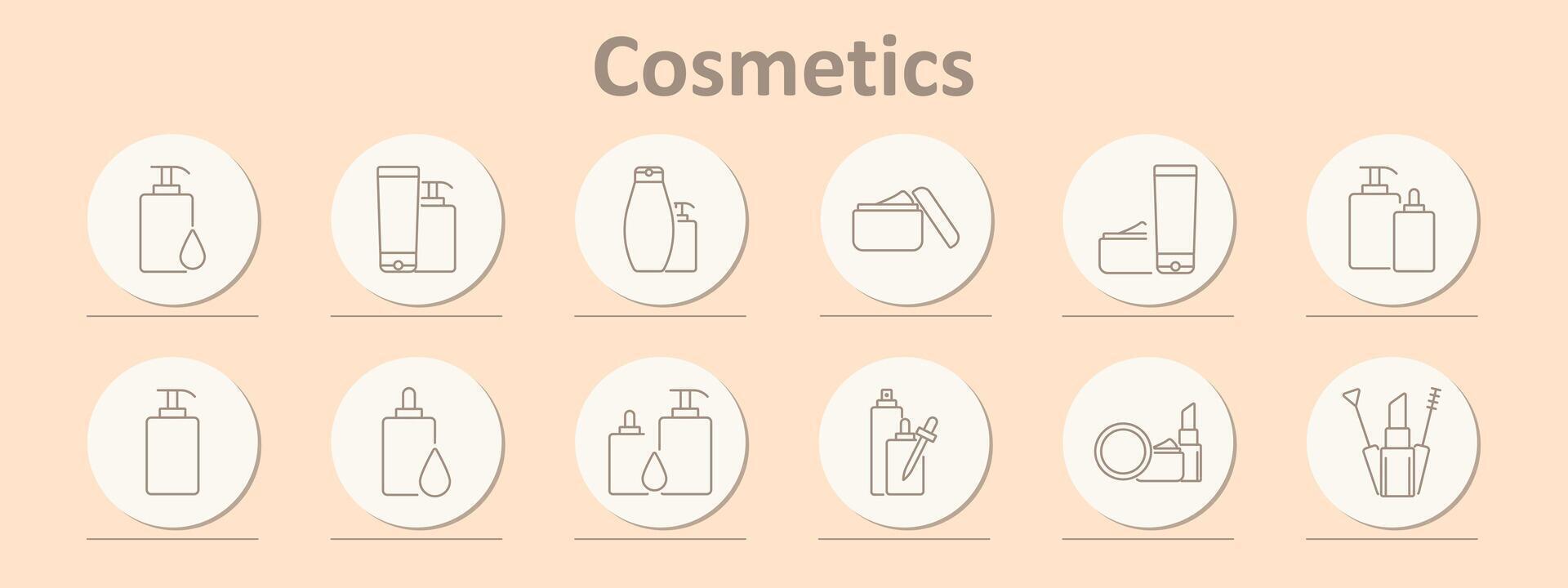 Cosmetics icons set. Lotion bottles, shampoo bottles, cream jar, makeup products, pump bottles, dropper bottles. Line icons on beige background vector
