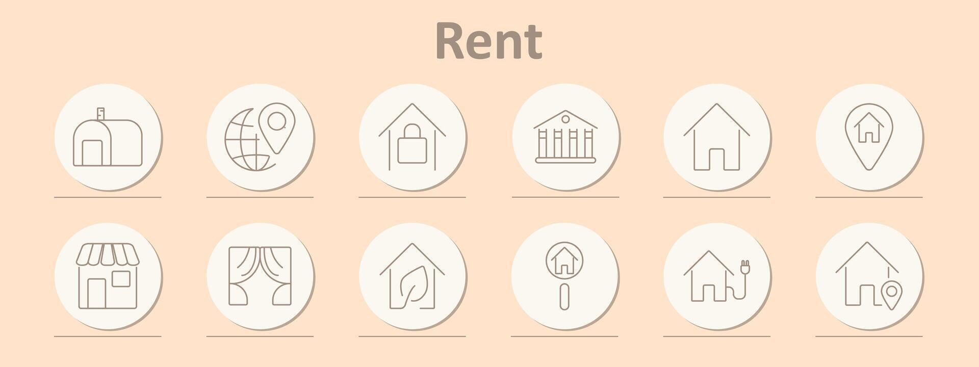 Rent set icon. Building, location, secure, property, shop, curtains, eco-friendly, magnifying glass, plug, home, house. vector