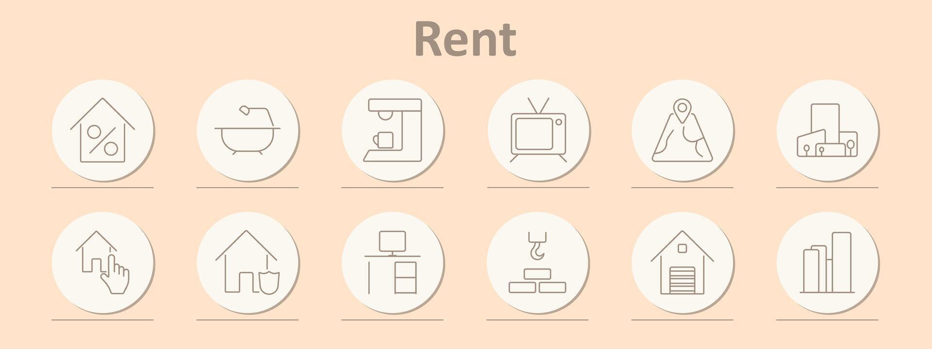 Rent set icon. Discount, bathtub, coffee machine, TV, location, buildings, selection, security, desk, construction, house, skyscraper. vector