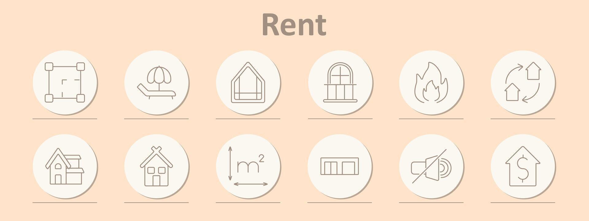 Rent icons set. House floor plan, lounge chair, window, fireplace, exchange, house, square meters, windows, dollar sign. Line icons on beige background vector