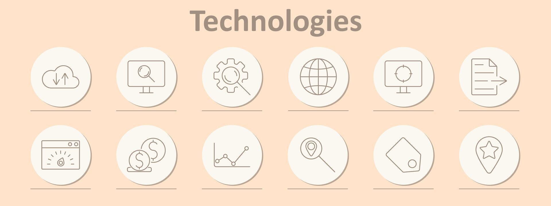 Technologies set icon. Cloud, monitor, gear, globe, document, coding, SEO, graph, magnifying glass, location, star, interface. vector
