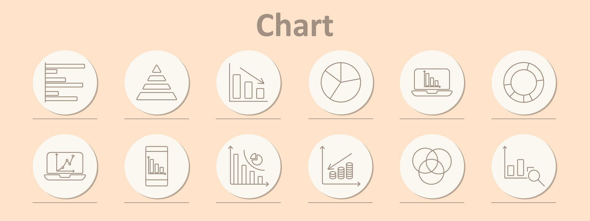 Chart set icon. Bar graph, pyramid, decreasing graph, pie chart, laptop, donut chart, tablet, coins, growth, Venn diagram, analytics, data. vector