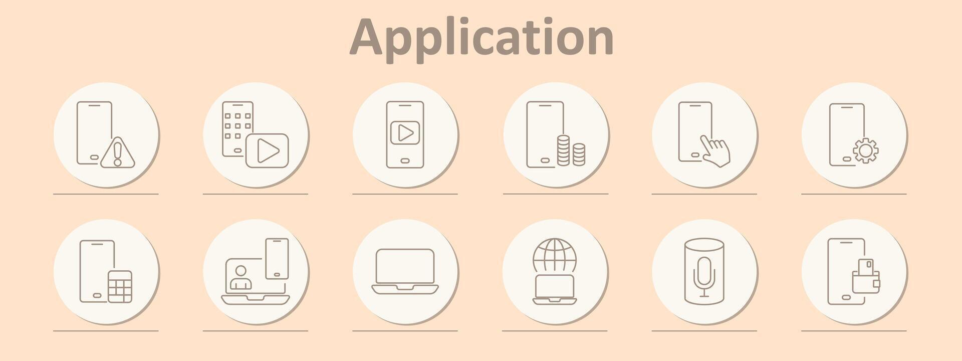 Application icons set. Mobile phone, warning, calculator, play, money, settings, user, laptop, globe, microphone, secure payment. Line icons on beige background vector