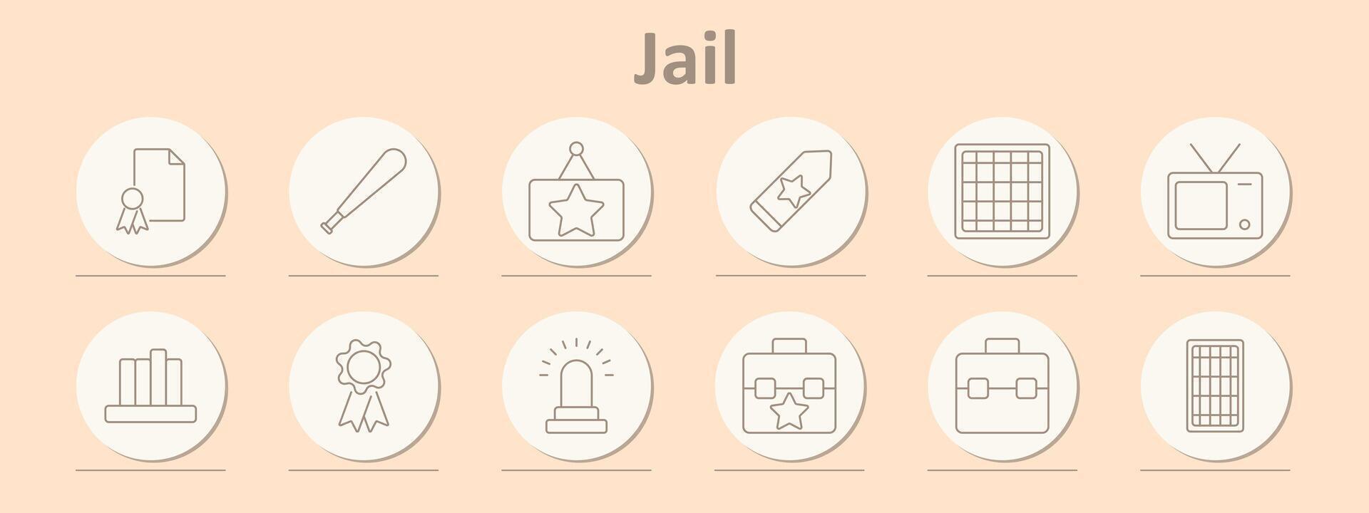 Jail icons set. Document, bat, star, tag, cell, TV, chart, badge, alarm, suitcase, grid. Line icons on beige background vector