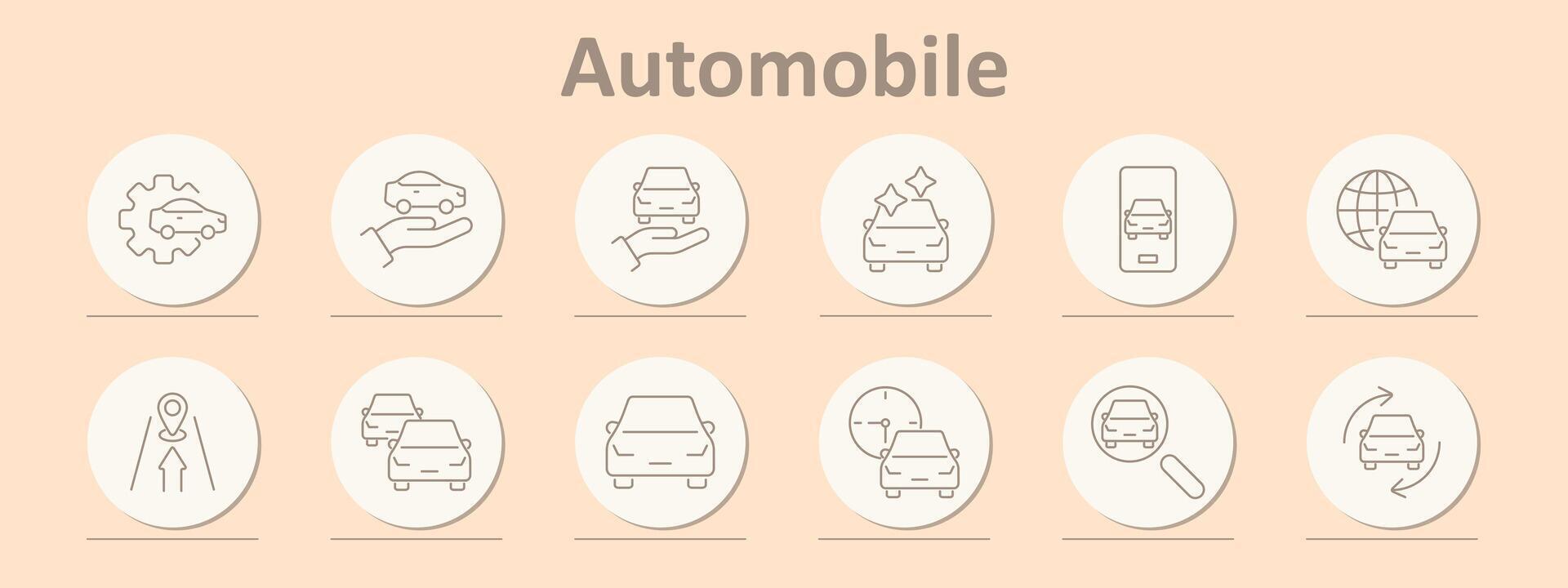 Automobile icons set. Gear, car, hand, clean, mobile, globe, map, multiple cars, dashboard, search, recycling. Line icons on beige background vector