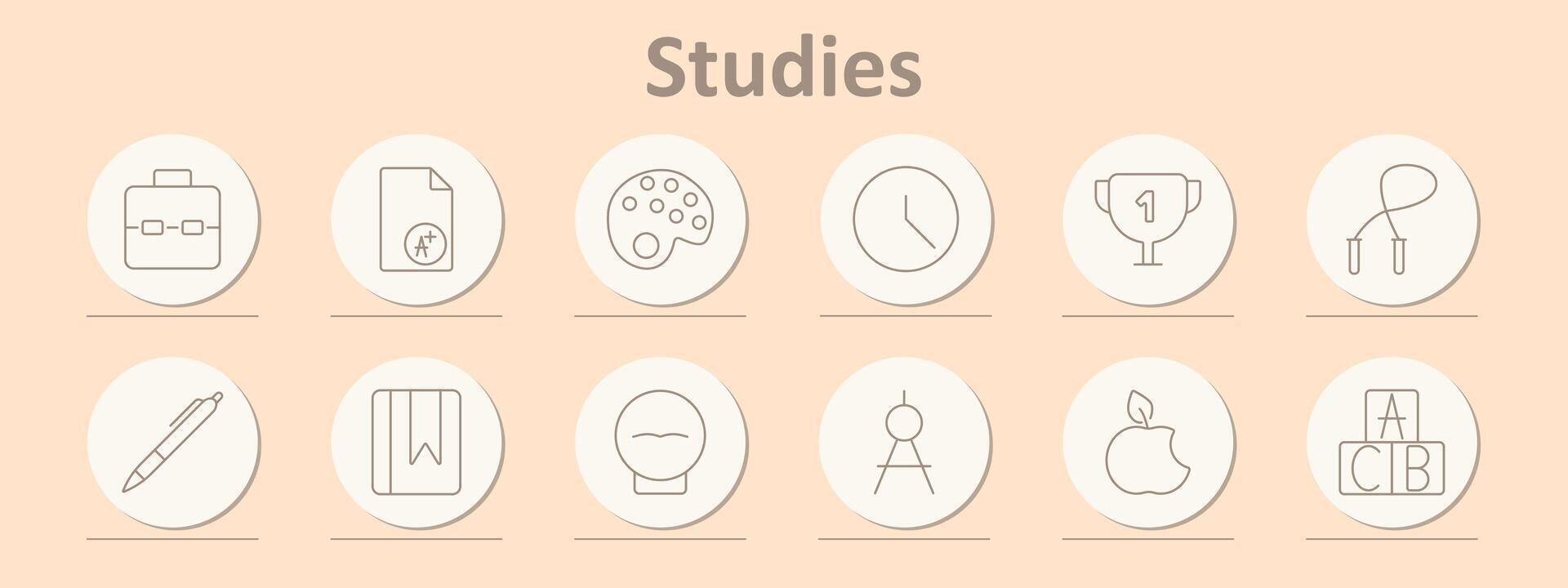 Studies icons set. Briefcase, certificate, paint palette, clock, trophy, jump rope, pen, bookmark, apple, abacus, school supplies. Line icons on beige background vector
