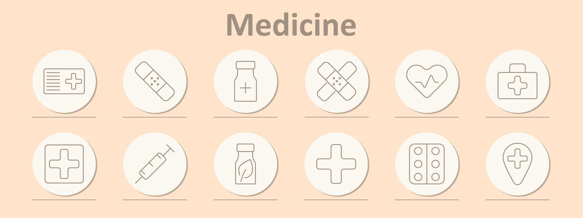 Medicine icons set. Medical card, bandage, bottle, heart, first aid kit, cross, syringe, pills, location marker. Line icons on beige background vector