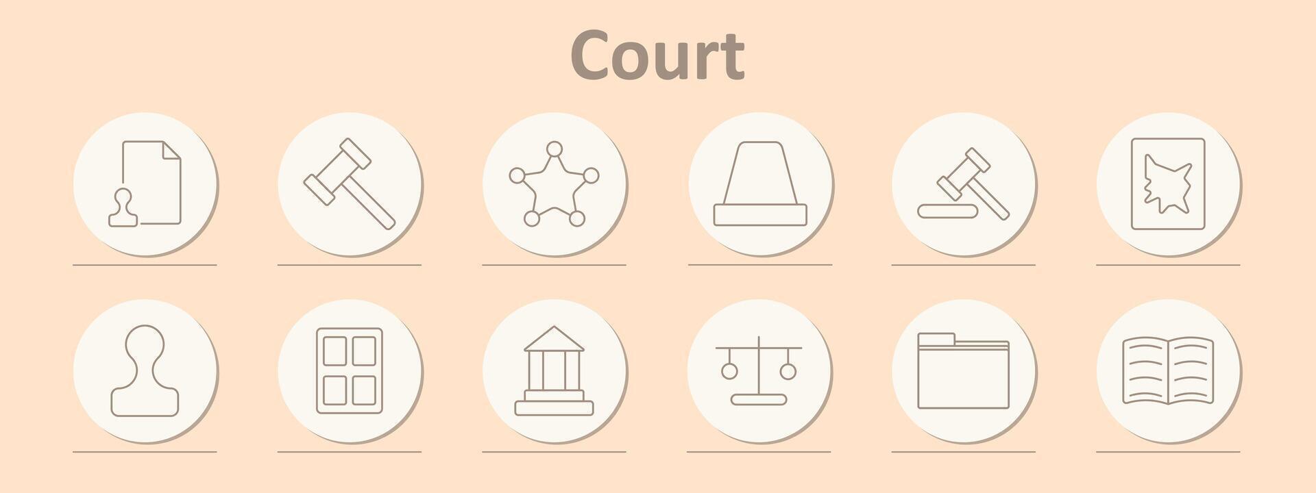 Court icons set. Document, gavel, balance, courthouse, sheriff badge, law book, scale, stamp, folder. Line icons on beige background vector