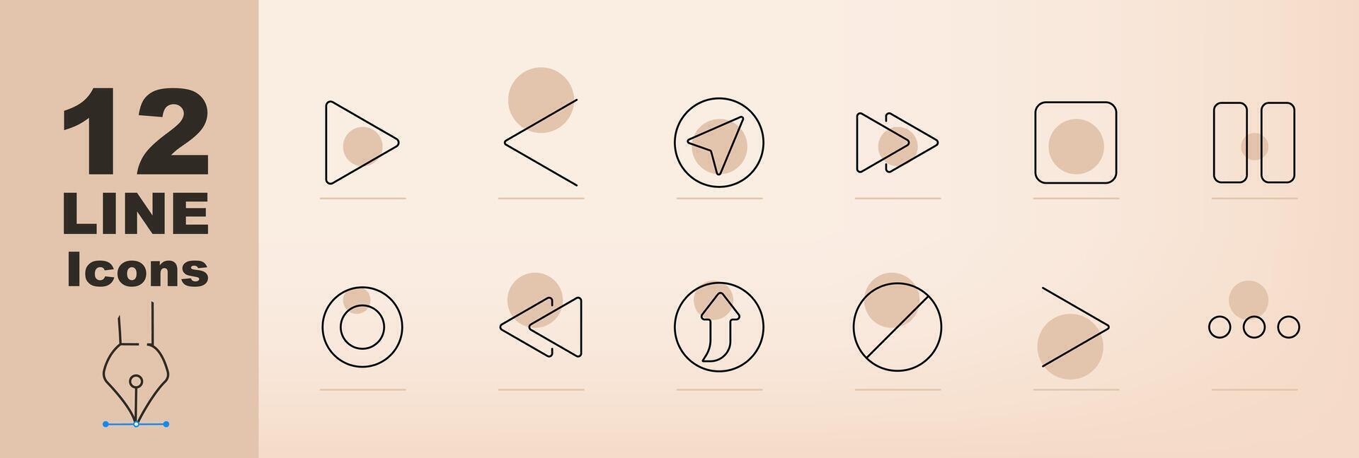 Media control set icon. Play, pause, stop, record, forward, backward, next, previous, shuffle, repeat, eject, menu, media player, audio, , navigation, music control, multimedia interface. vector