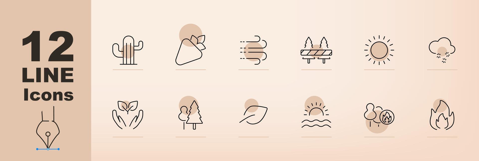 Nature and weather set icon. Cactus, mountain, wind, fence, sun, clouds, leaves, tree, leaf, sunrise, forest, fire, environmental changes, climate symbols, natural elements vector