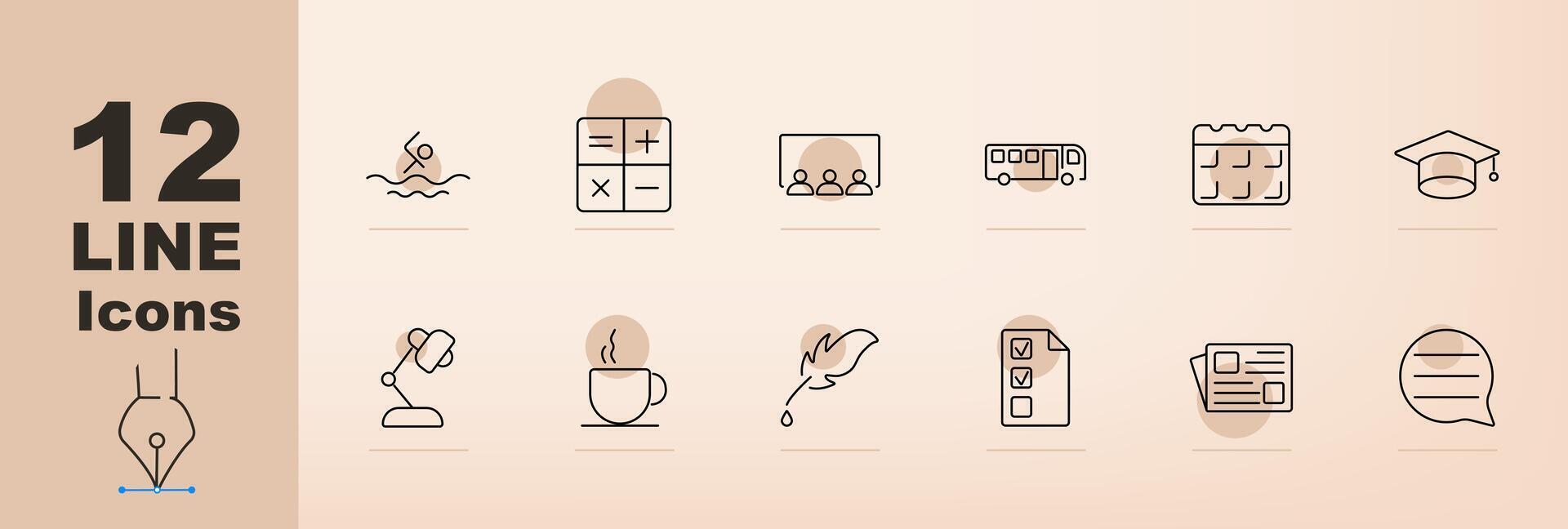 Educational set icon. Swimming, calculator, classroom, bus, calendar, graduation cap, desk lamp, coffee, feather, documents, news, speech bubble, school activities, learning tools, academic supplies vector