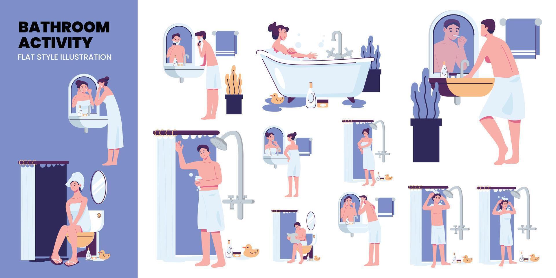 activity at bathroom flat style illustration design set bundle vector