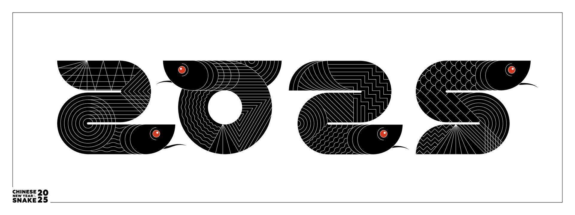 2025 geometric chinese Happy New Year snake banner. Black abstract China zodiac animal serpent set. Asian modern shapes with linear pattern logo. Template for oriental calendar or poster. eps vector