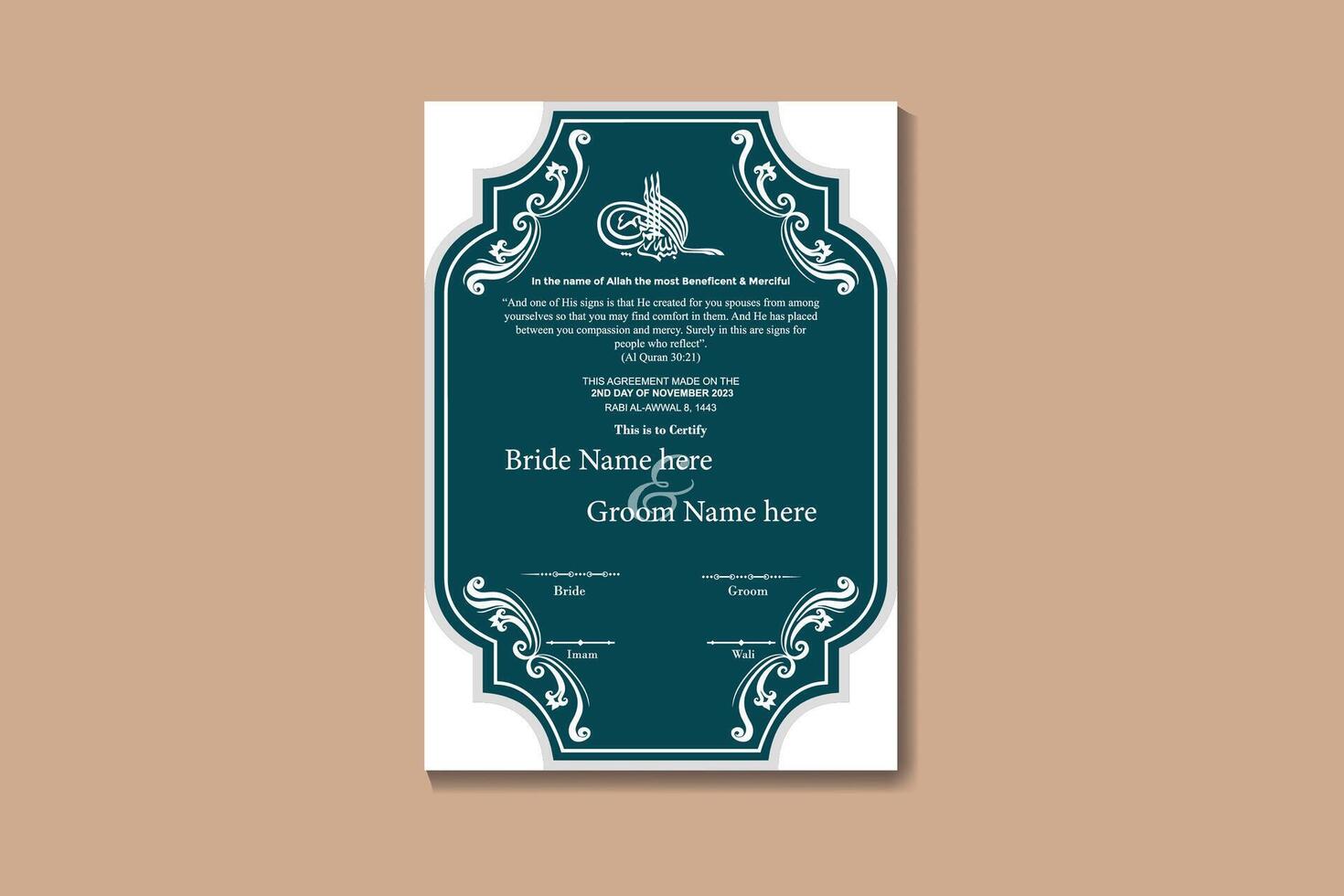Elegant Islamic Marriage Certificate Design with Floral Frame A4 size vector