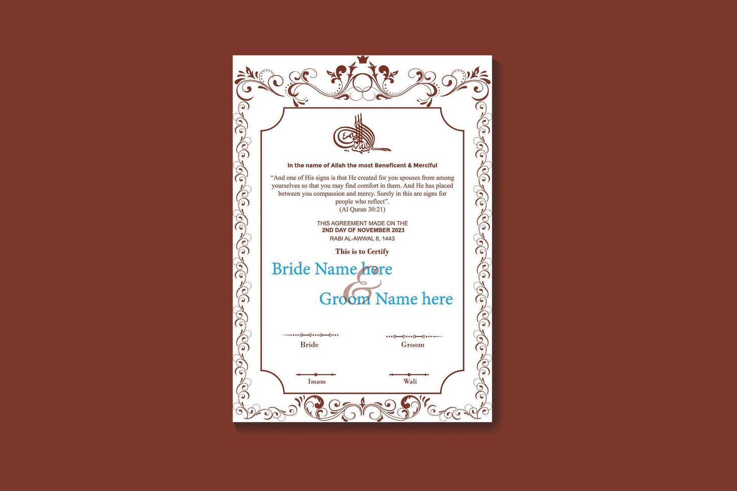 Elegant Muslim Marriage Certificate Design with Floral Frame A4 size vector