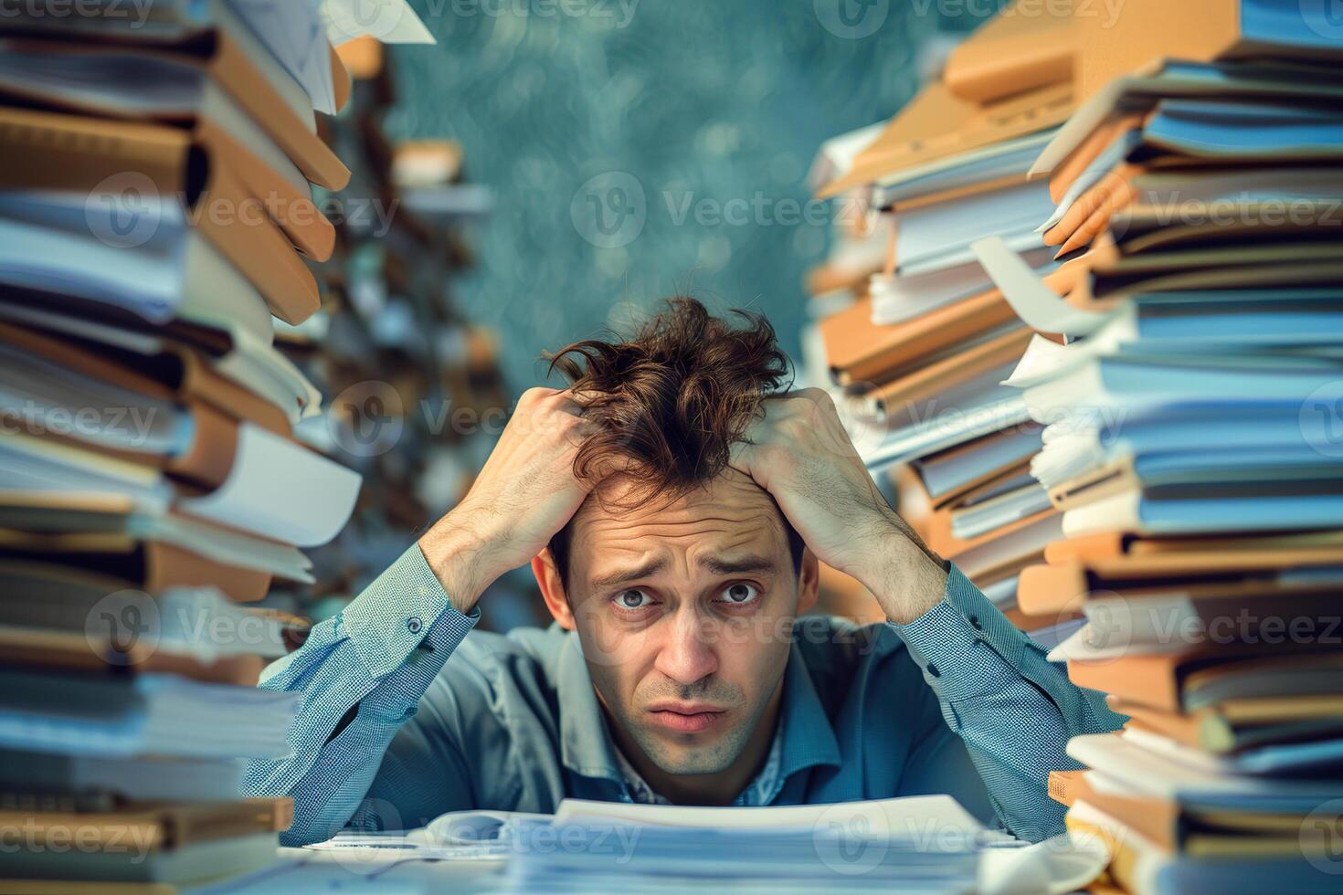 A man is sitting at a desk with a pile of papers in front of him photo