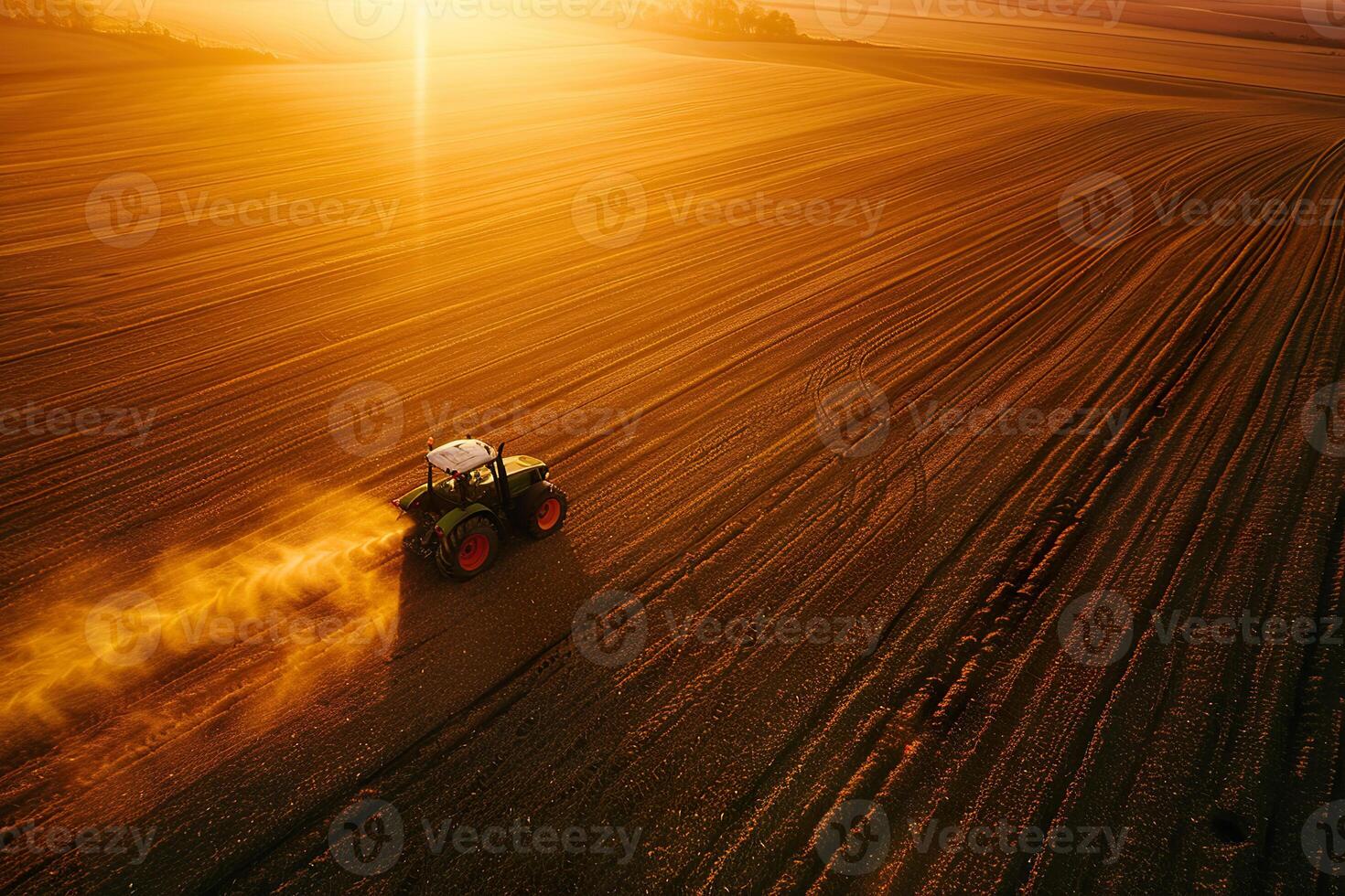 A tractor is spraying a field with a yellowish brown dust photo