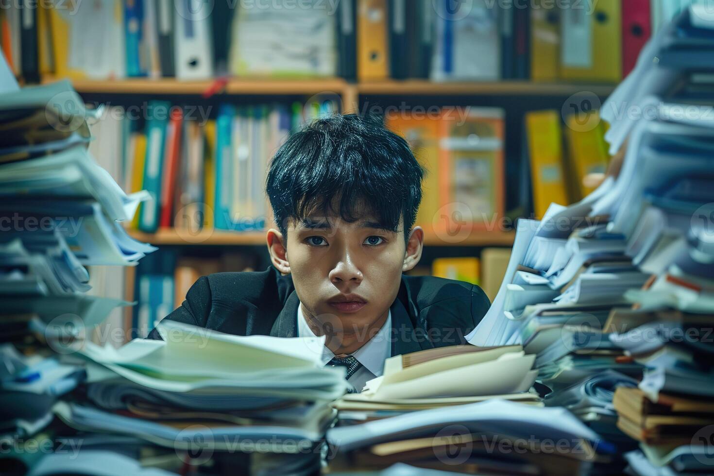 A man is sitting in a room with a lot of papers and books photo