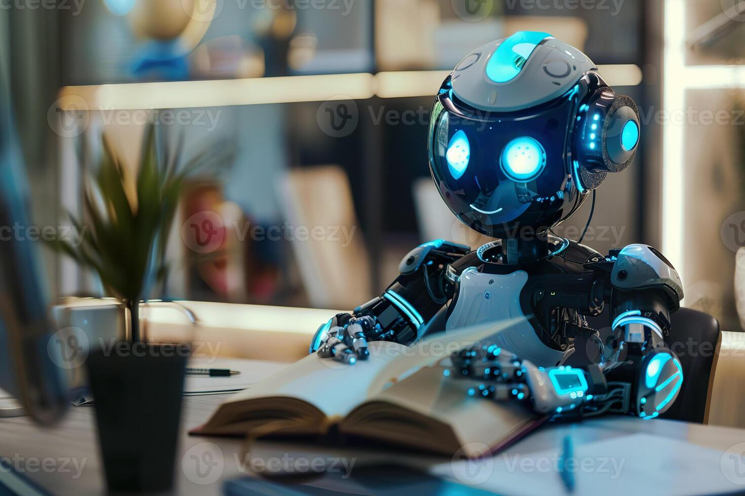 A robot is sitting at a desk and writing in a book photo